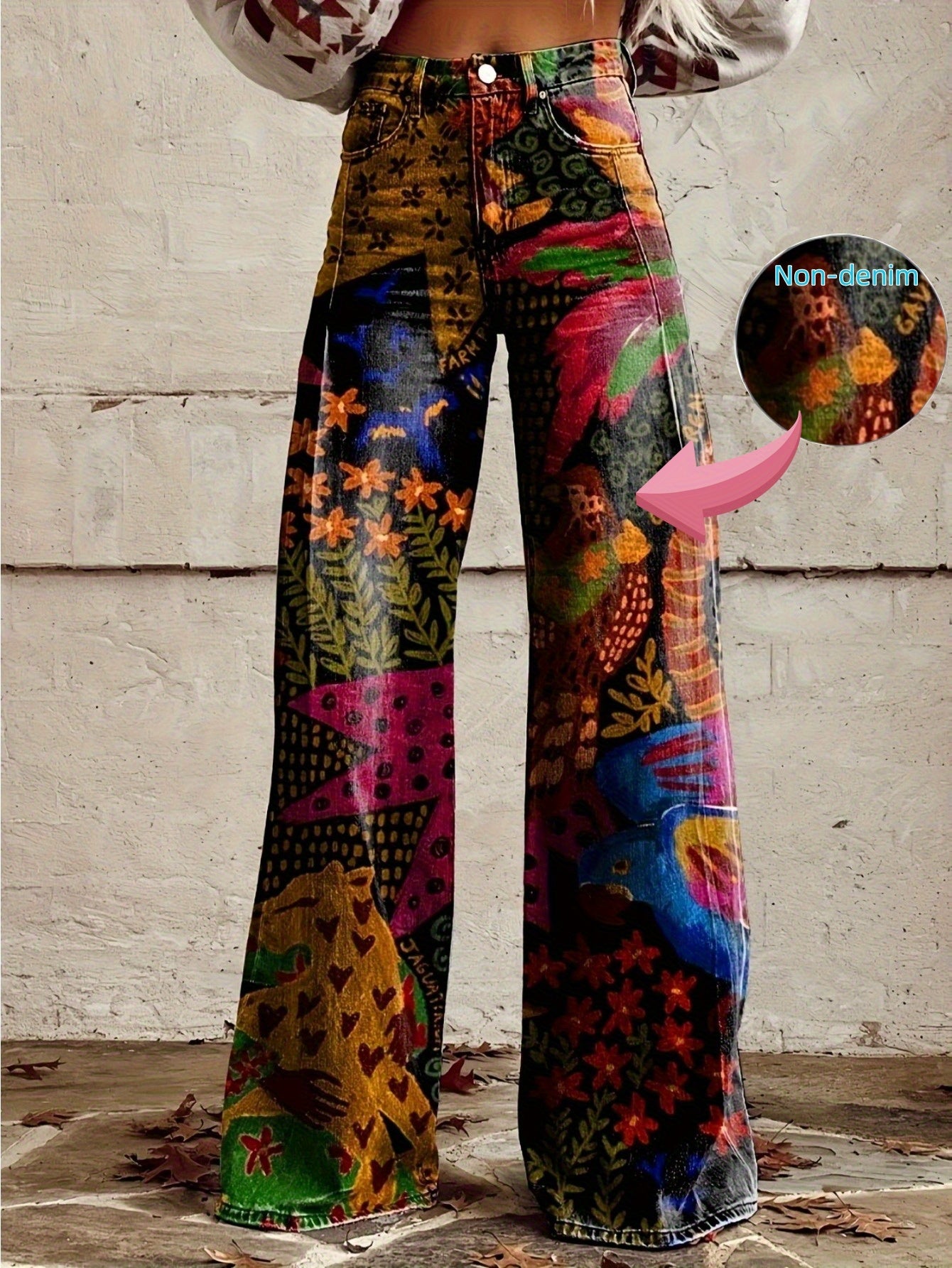 Women'S Rainforest Plants and Flowers Nature Print Thin Casual Denim Wide Legs 3D Fashion Flared Pants, Women'S Autumn Winter Pants
